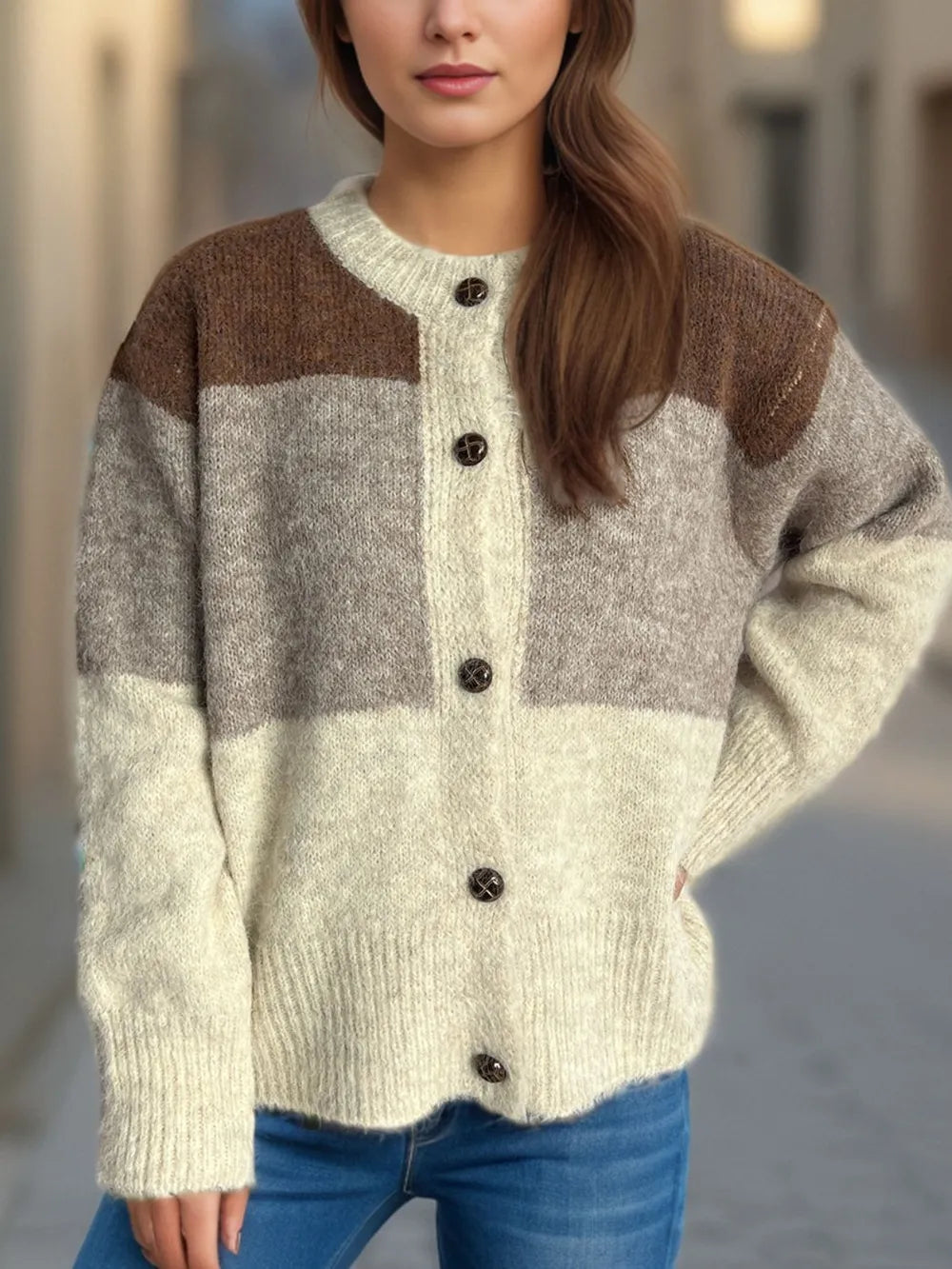 Ysabella - Cardigan casual color block caldo con scollo rotondo e bottoni