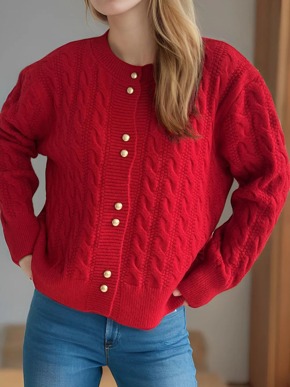 Natalya - Cardigan lungo a maniche lunghe in maglia a trecce morbido