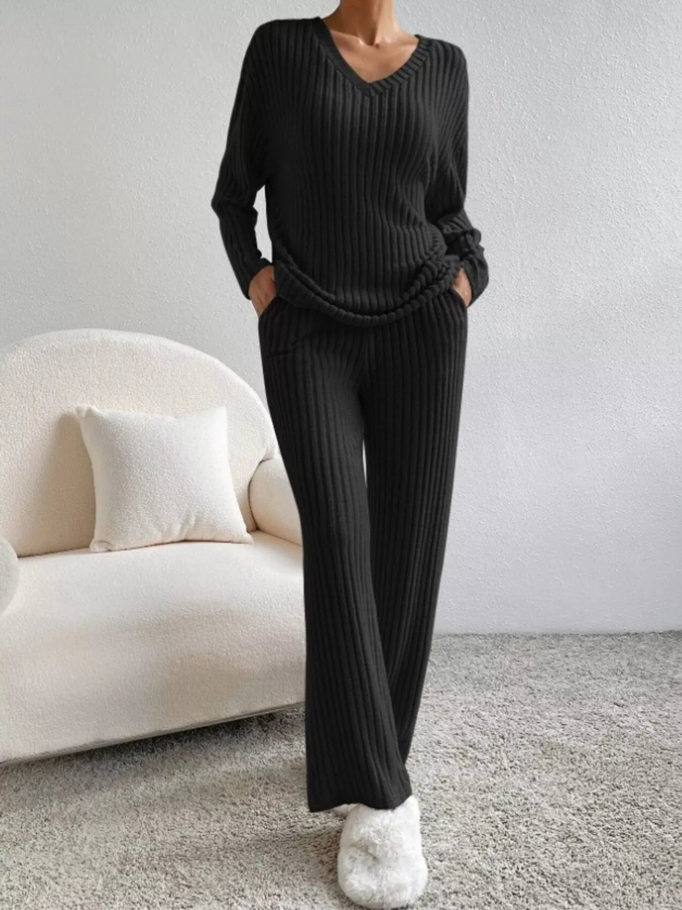 Evianna - Set accogliente in maglia a coste con felpa scollo a V e pantaloni