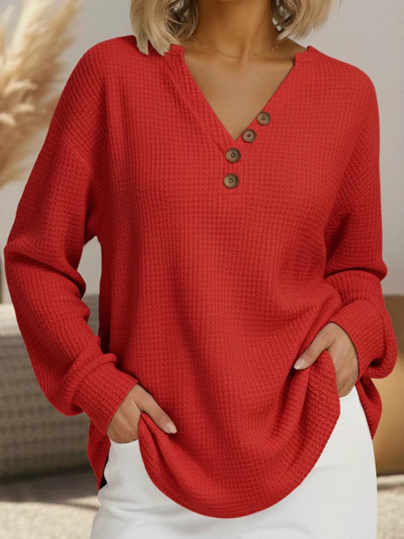 Isra - Felpa casual a maglia waffle con scollo a V