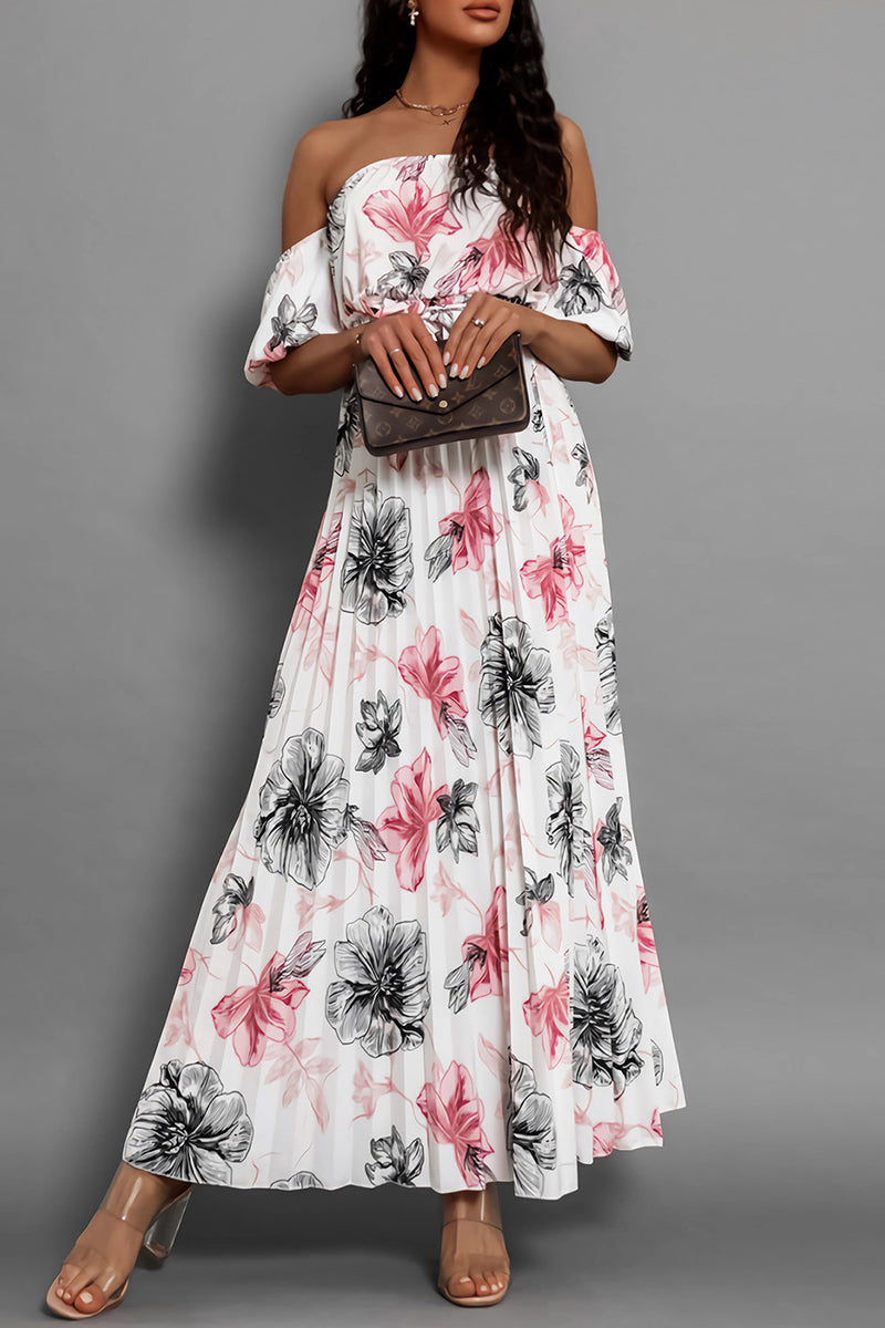 Avalon - Elegante abito floreale con spalle scoperte e cintura con fiocco
