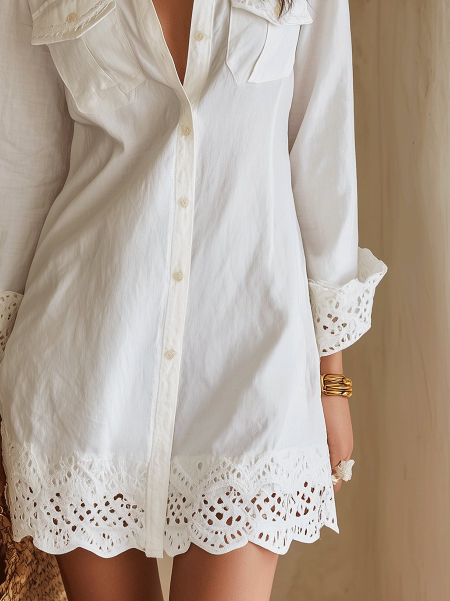 Abito Camicia Bianco da Donna con Orlo Sangallo
