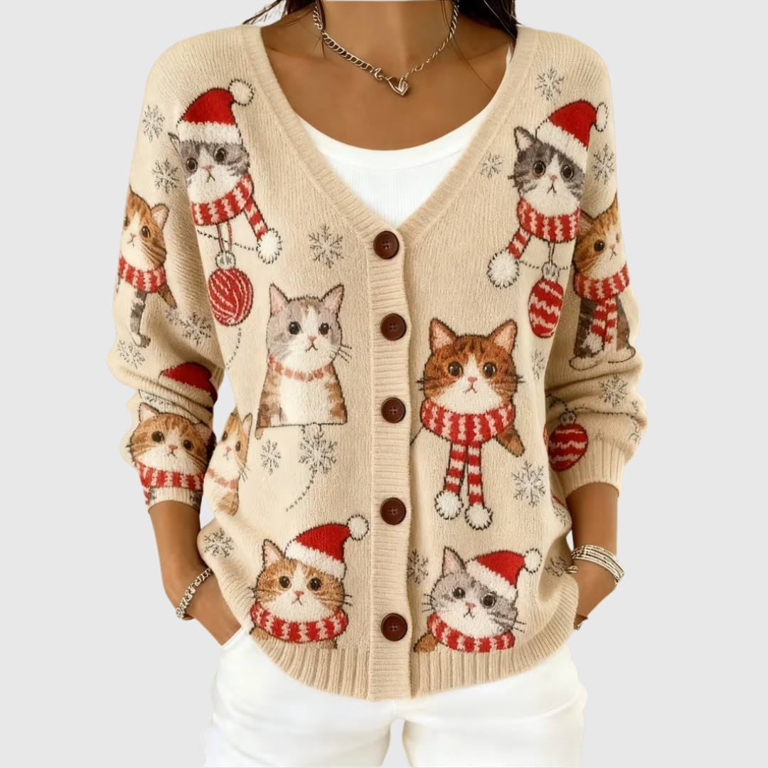 Cardigan in Maglia con Motivo Gatto da Donna