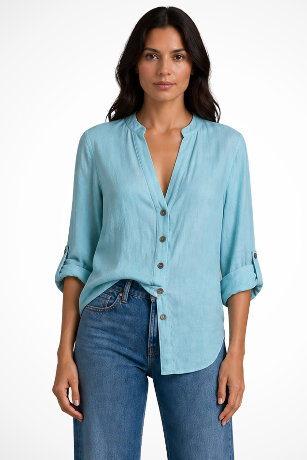 Blusa in Lino con Scollo a V e Bottoni da Donna