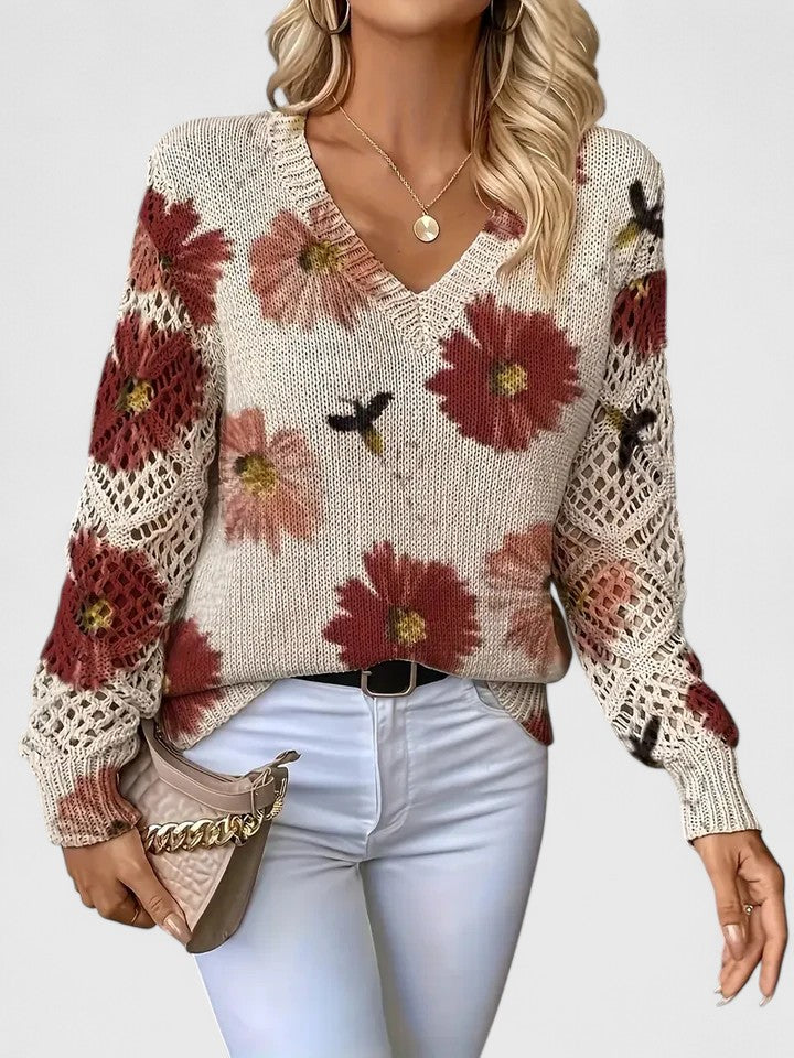 Laryssa - Elegante maglione con motivo floreale ampio e scollo a V