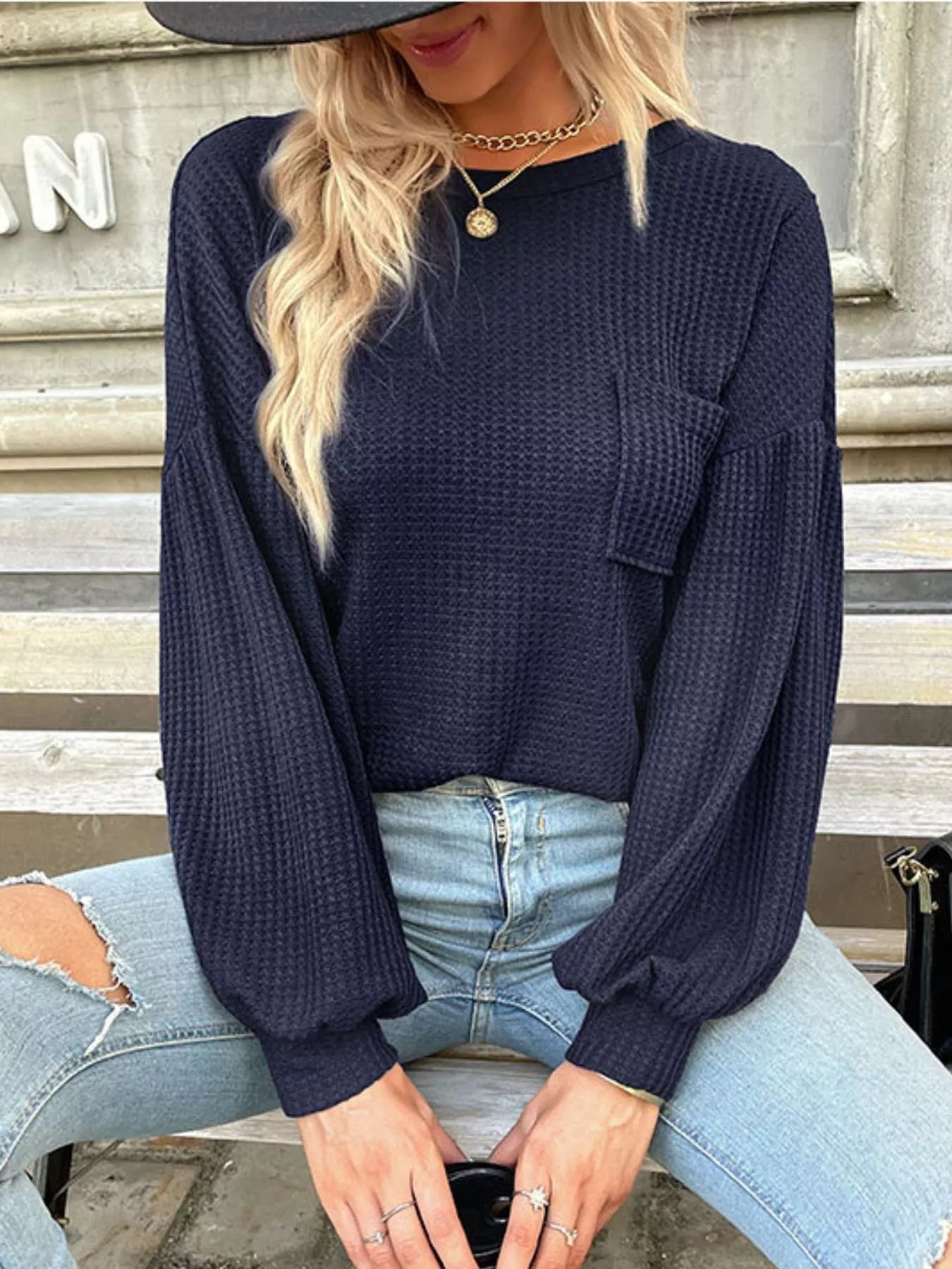 Safira - Maglione casual a girocollo in maglia waffle