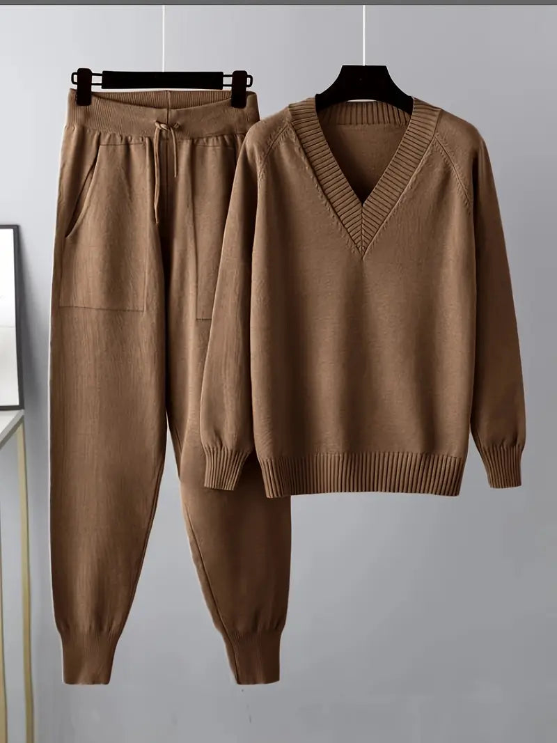 Zelvina - Set elegante composto da maglione caldo con scollo a V e pantaloni