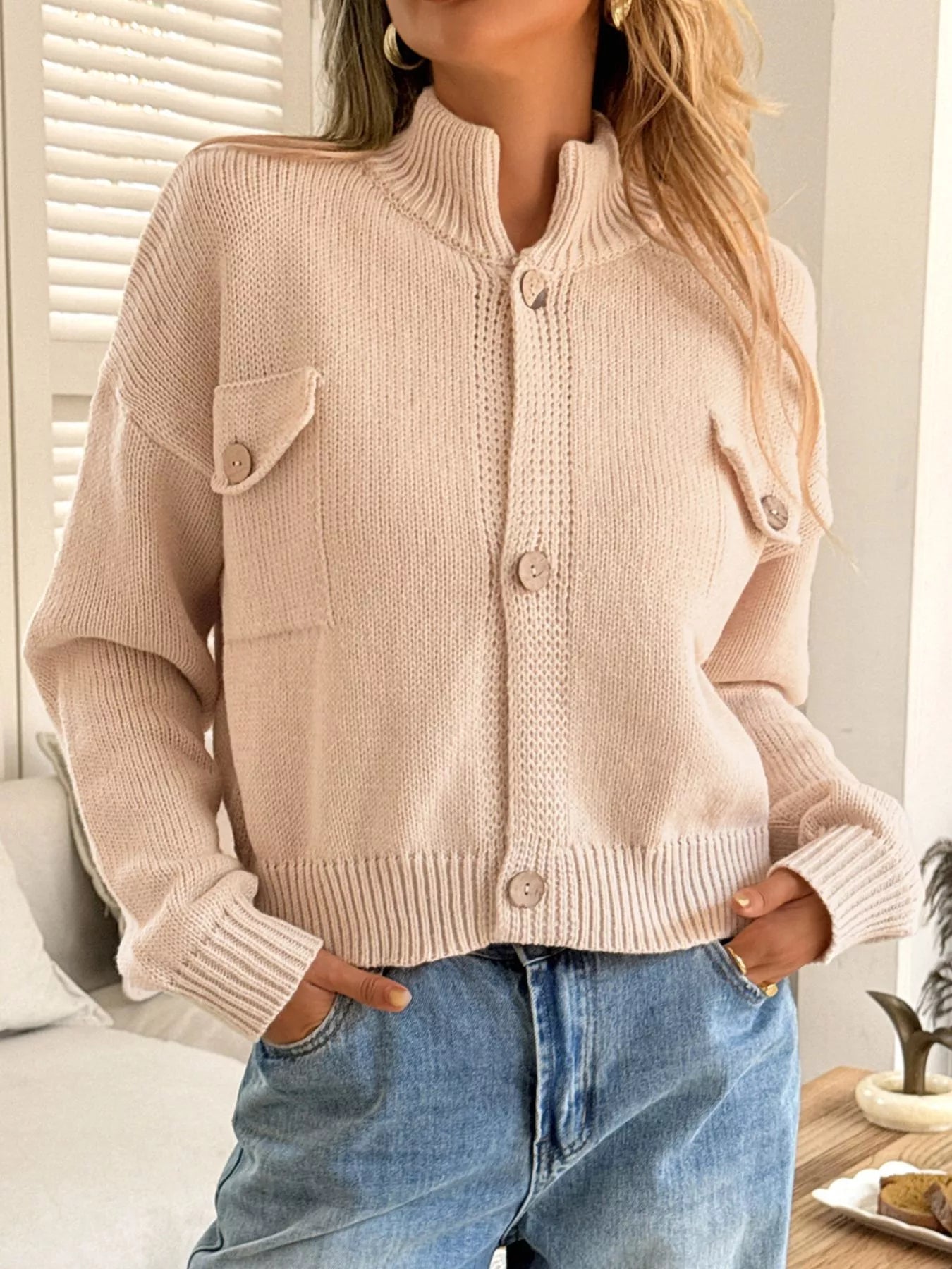 Vespera - Cardigan corto in maglia con bottoni caldo e accogliente