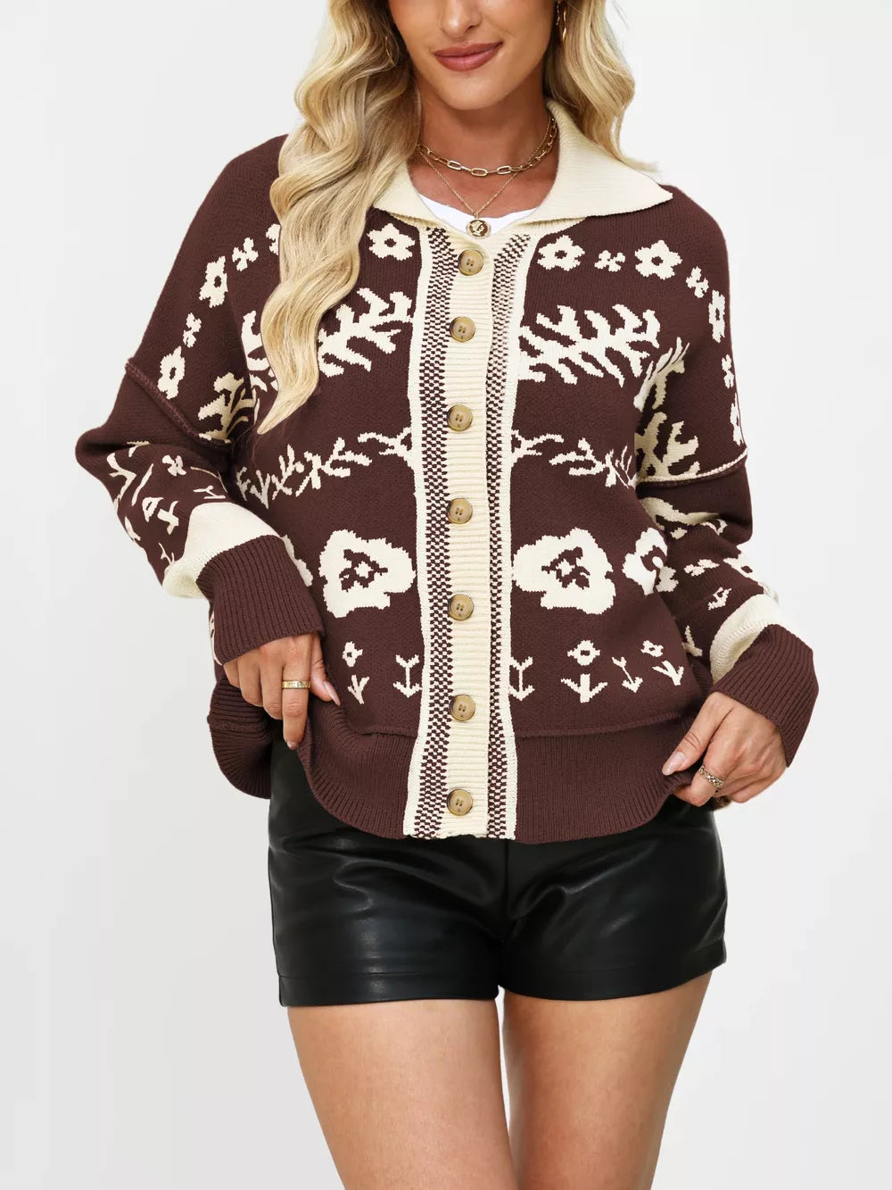 Olivianne - Cardigan elegante con motivo floreale e bottoni