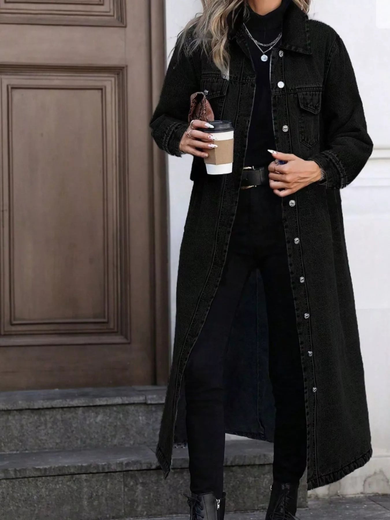 Giuliana - Giacca cappotto in denim lungo con bottoni alla moda