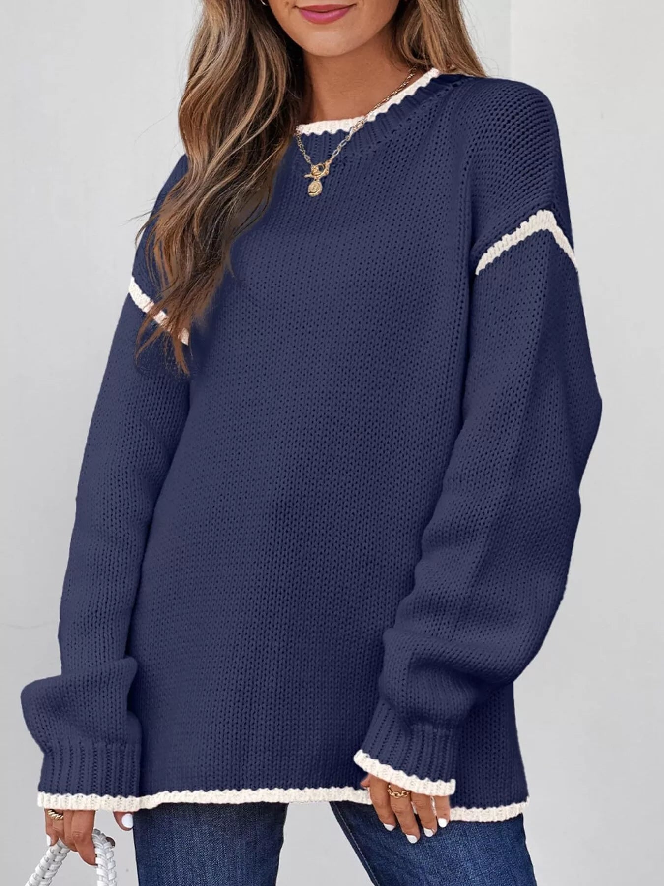 Cailin - Maglione casual a maniche lunghe con bordi a contrasto