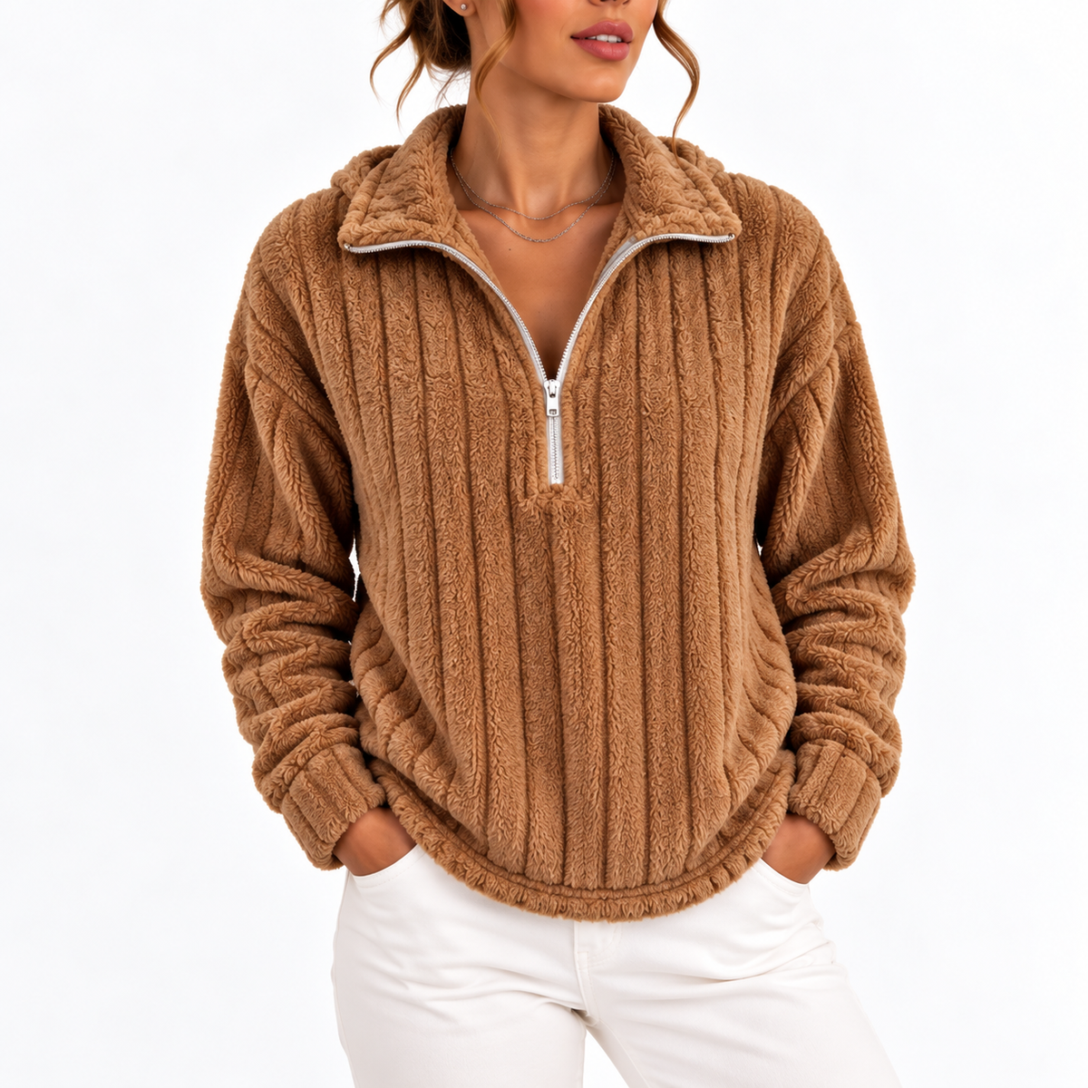 Felpa a Costine con Mezza Zip da Donna