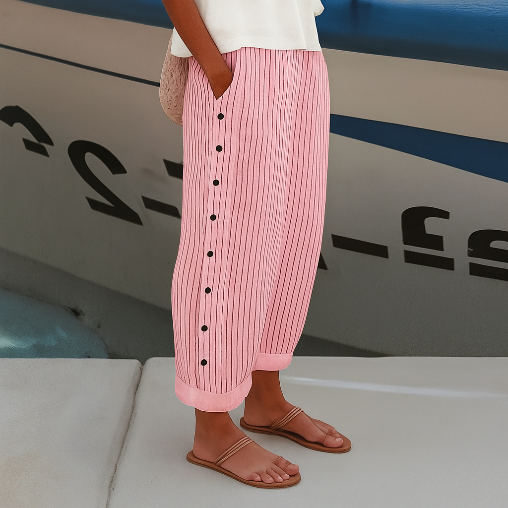 Pantaloni Casual a Righe con Bottoni da Donna
