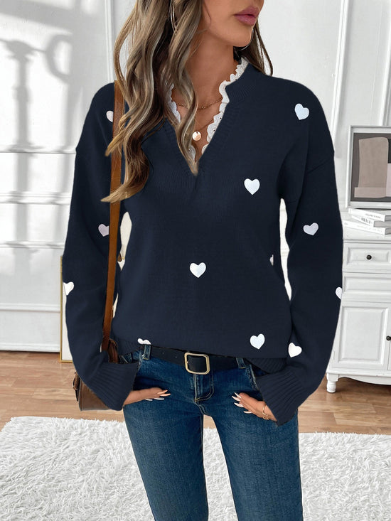 Maglione Donna con Cuori Stampati e Scollo a V