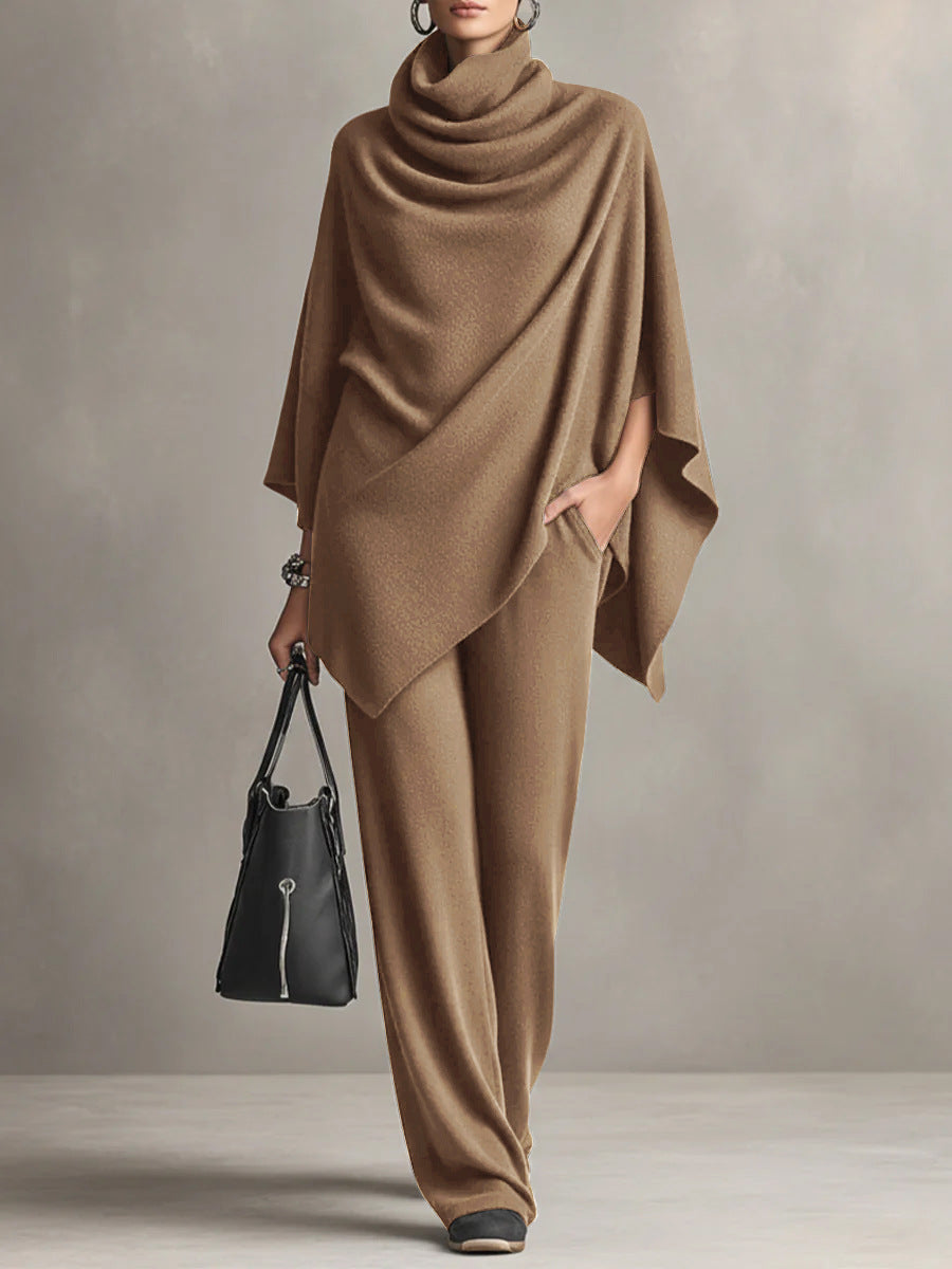 Yashmine - Completo elegante maglione a collo alto cape e pantaloni