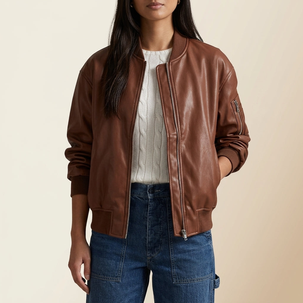 Giacca Bomber da Donna in Pelle dal Taglio Rilassato