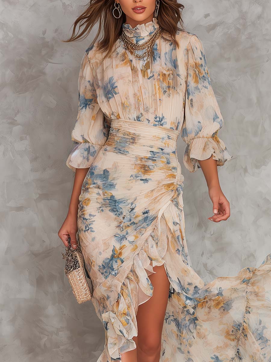 Abito Maxi Floreale in Chiffon con Collo Alto da Donna