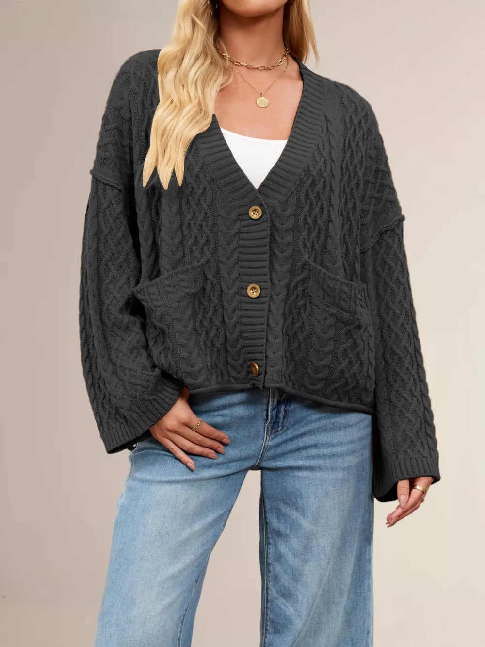 Zenitha - Cardigan ampio elegante in maglia a trecce con bottoni