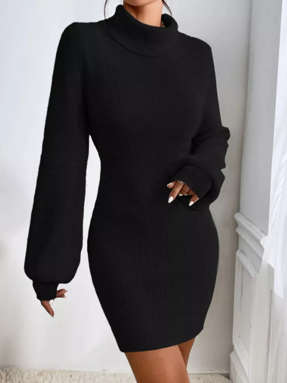 Ivanya - Abito maglia elegante a collo alto e trama a coste