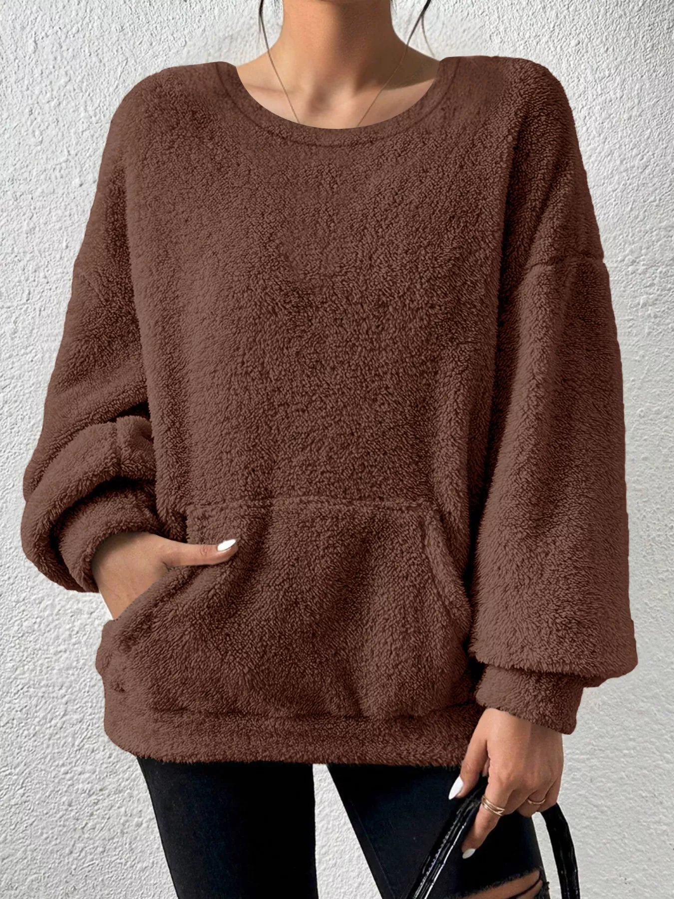Jiana - Maglione caldo in pile con scollo rotondo e spalle scese