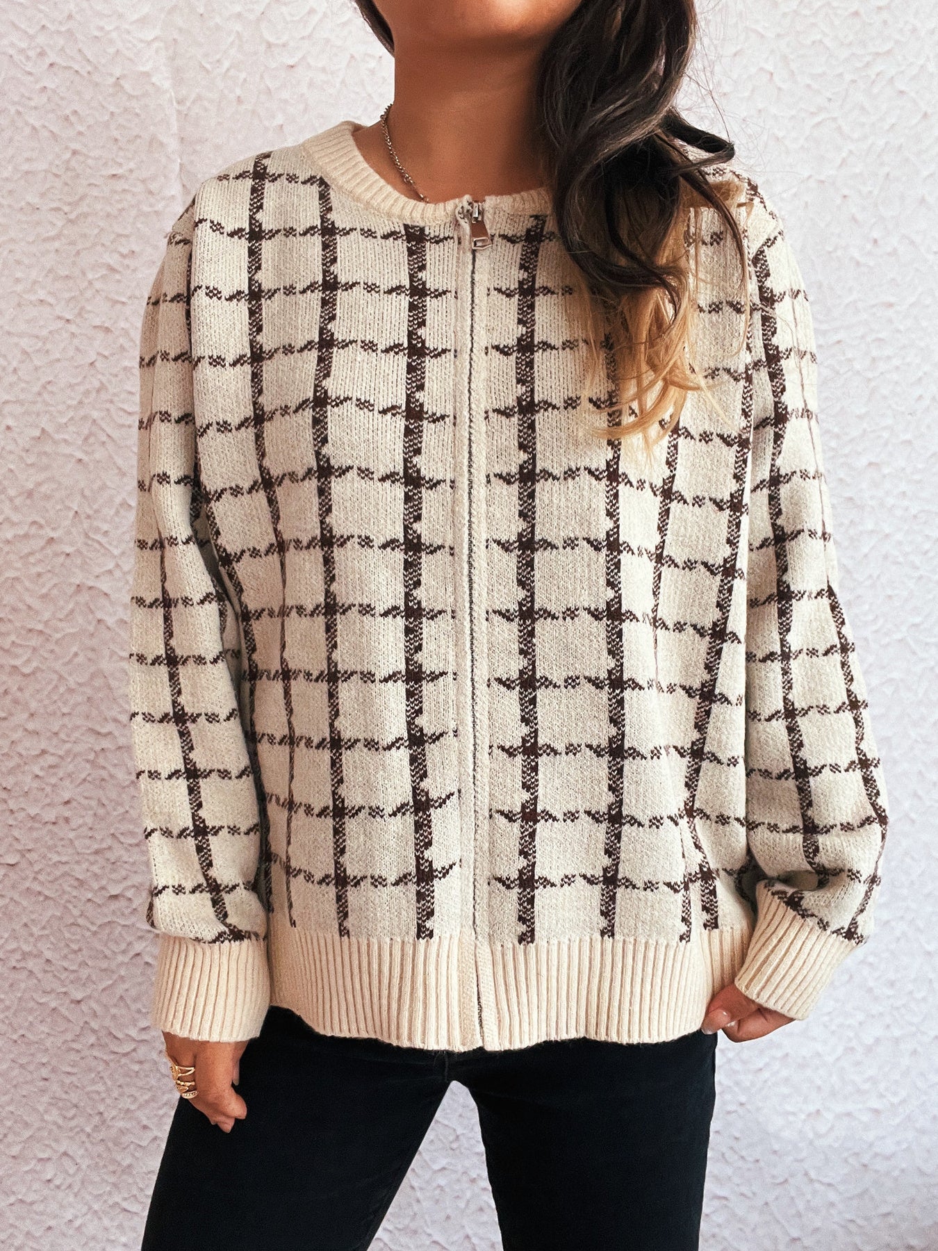 Veronique - Cardigan con zip a fantasia scozzese cosy
