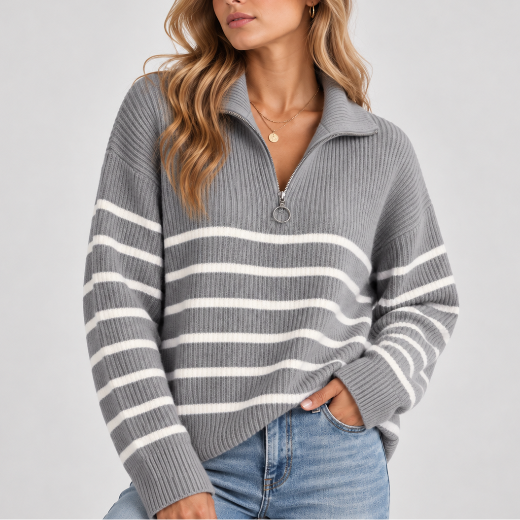 Maglione a Righe con Quarto di Zip da Donna