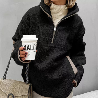 Celeste - Giacca calda in pile con mezza zip, stile ampio ed elegante