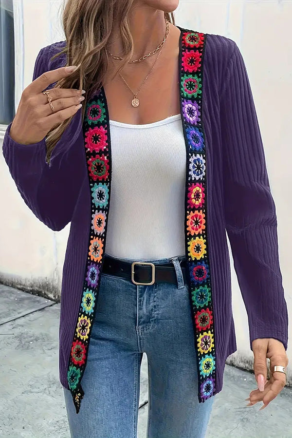 Janna - Cardigan elegante in maglia con bordi floreali e maniche lunghe