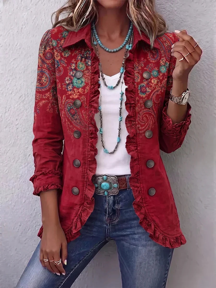 Giacca Rosso con Stampa Paisley e Volant da Donna