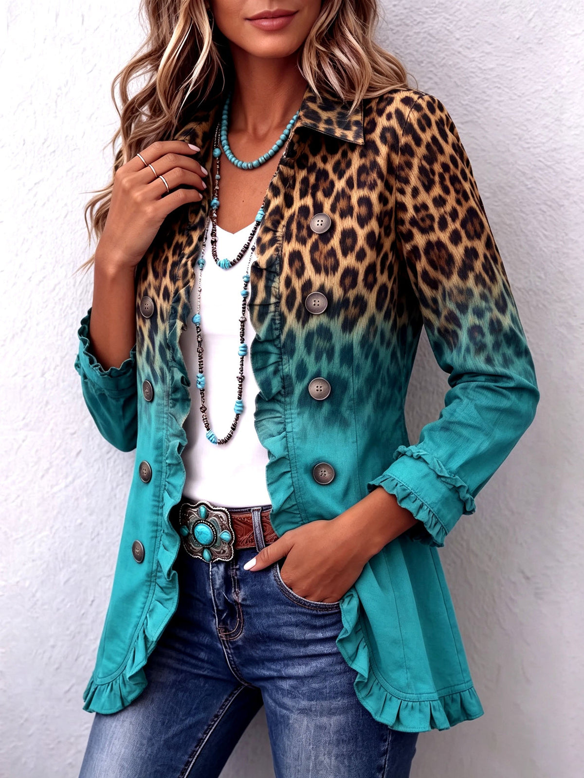 Giacca Leopardata Turchese con Volant da Donna