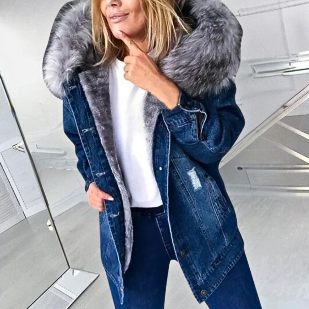 Zoya - Giacca di jeans con cappuccio in pelliccia, stile largo