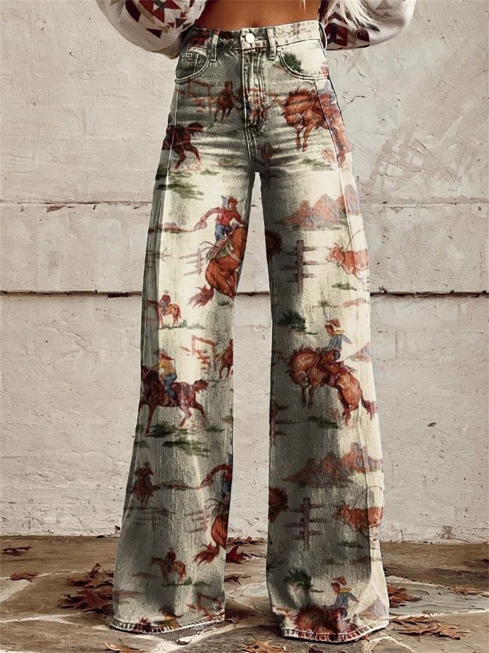 Jeans a Gamba Ampia con Stampa Western da Donna
