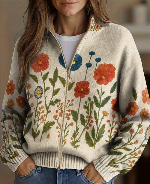 Cardigan in Maglia con Fiori di Campo e Zip da Donna