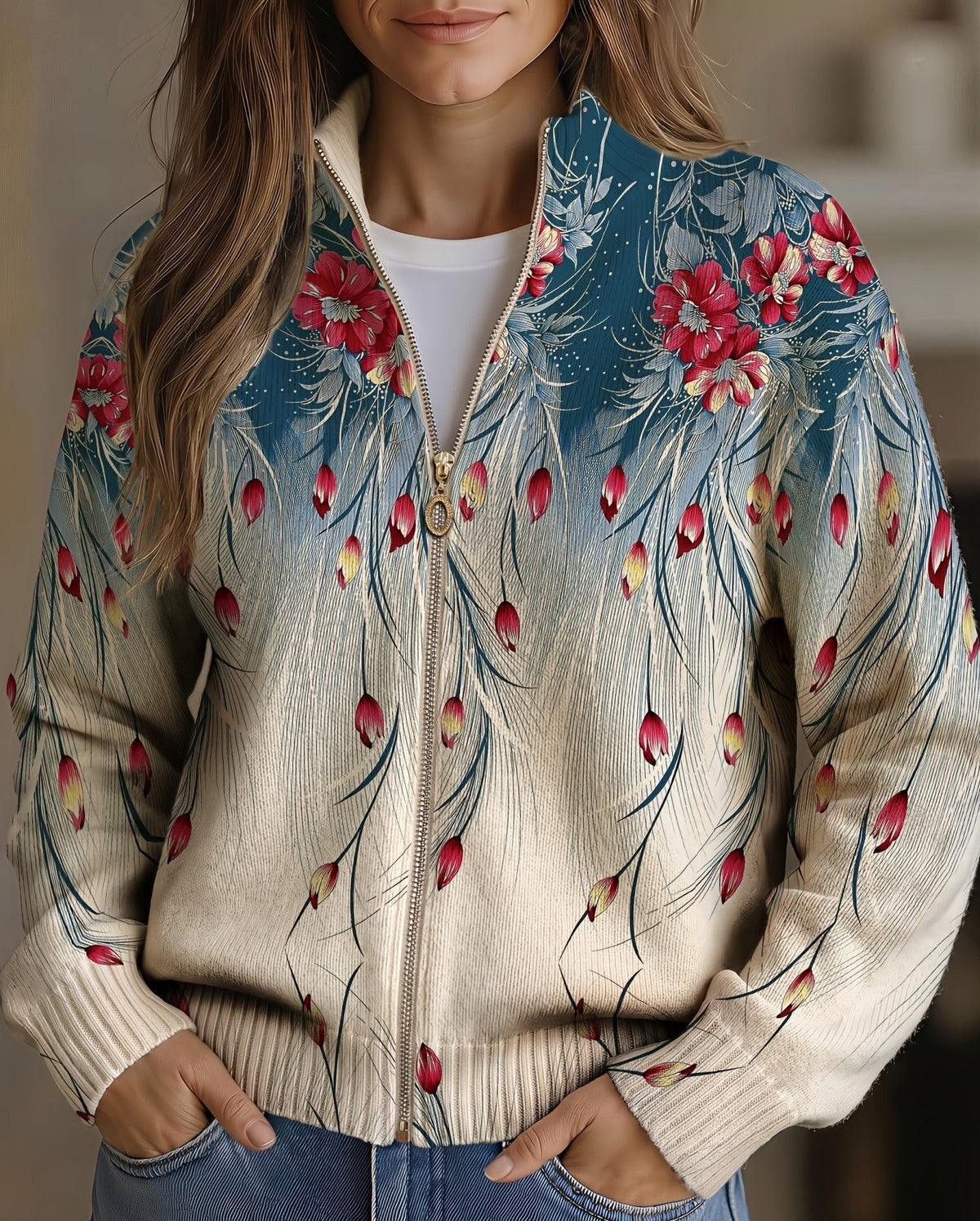 Cardigan Floreale Elegante con Zip da Donna