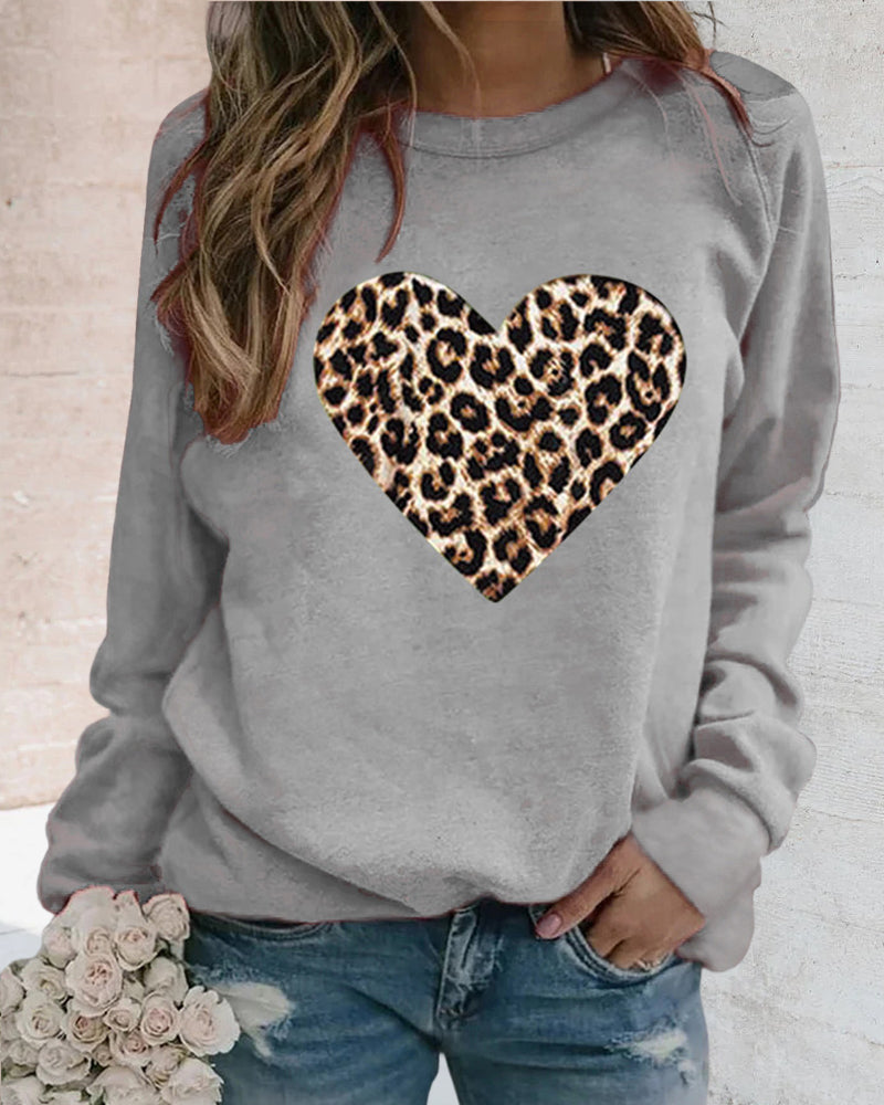 Hadassah - Felpa casual con stampa cuore leopardato