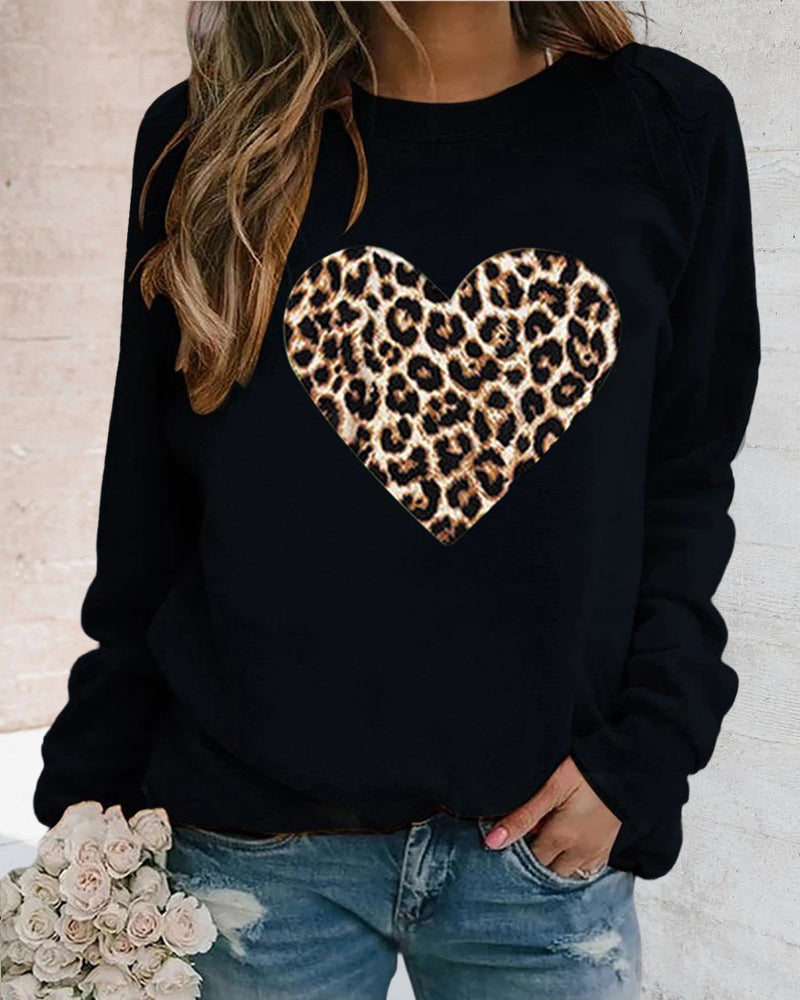 Hadassah - Felpa casual con stampa cuore leopardato