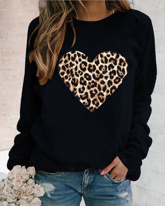Hadassah - Felpa casual con stampa cuore leopardato