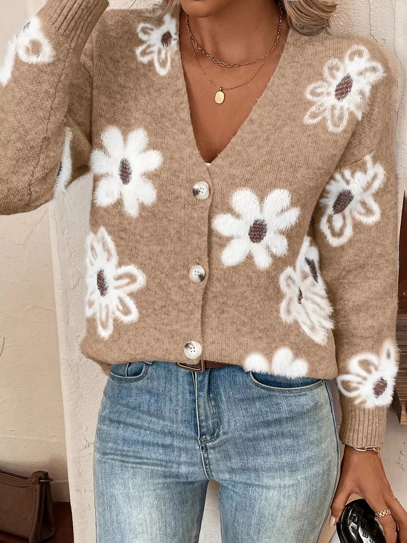 Nancie - Cardigan in maglia con stampa floreale e bottoni