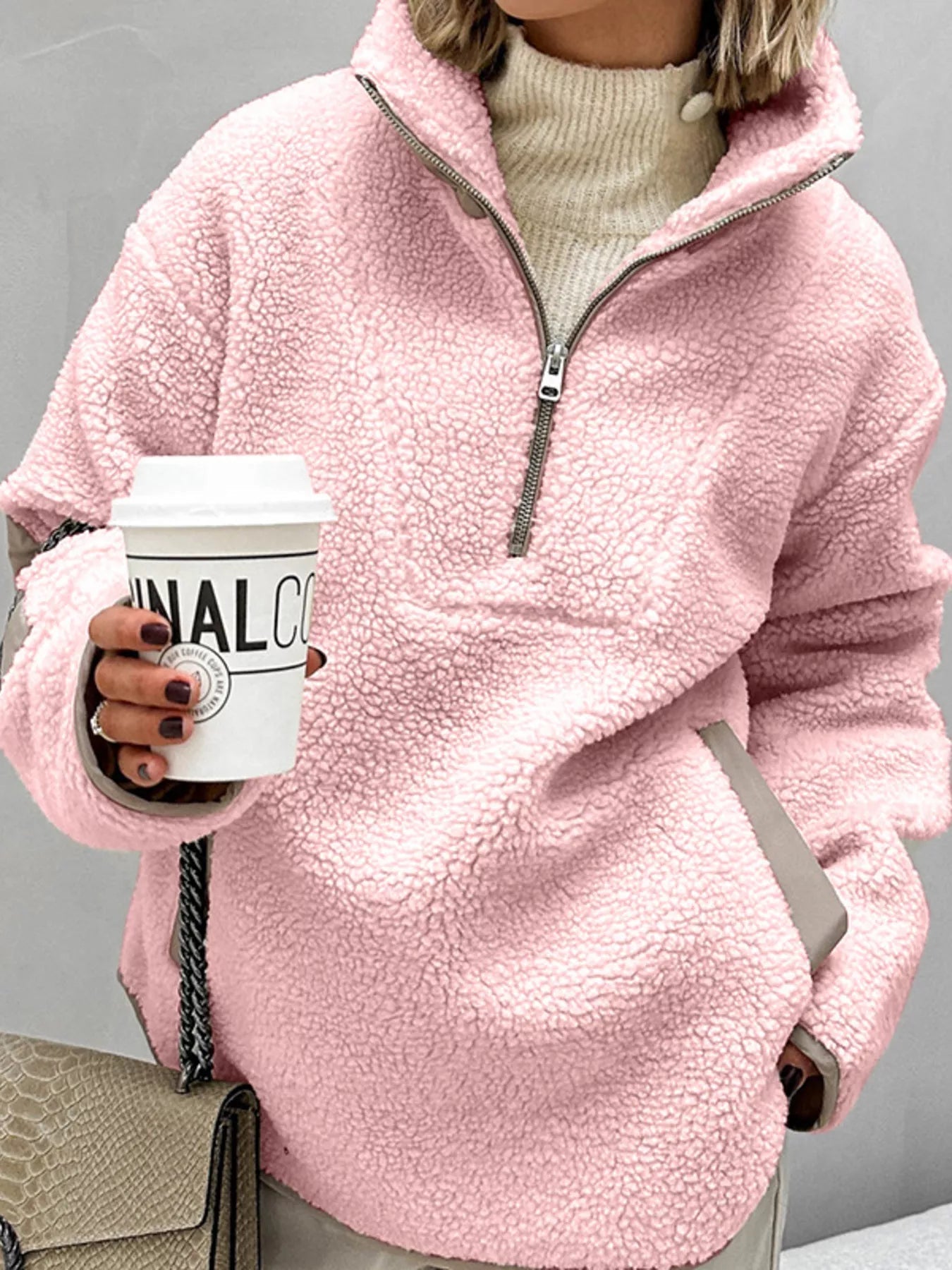 Celeste - Giacca calda in pile con mezza zip, stile ampio ed elegante