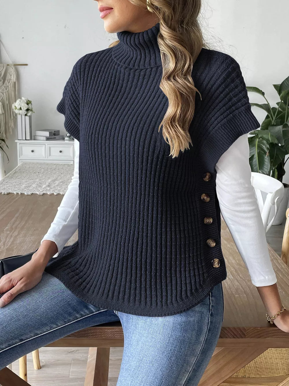 Niniane - Gilet in maglia con collo alto e bottoni laterali