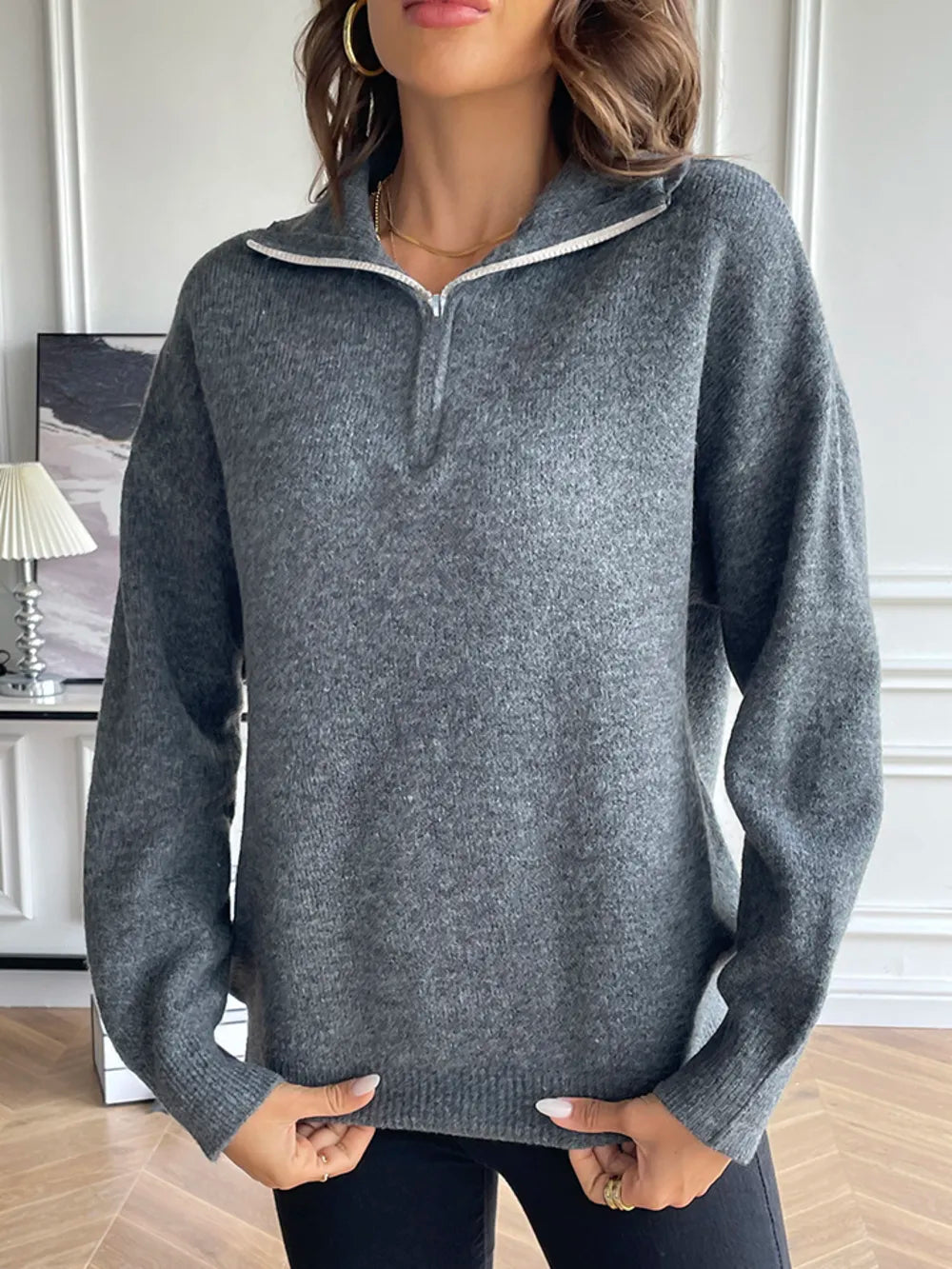 Amethyst - Maglione casual ampio con zip a un quarto