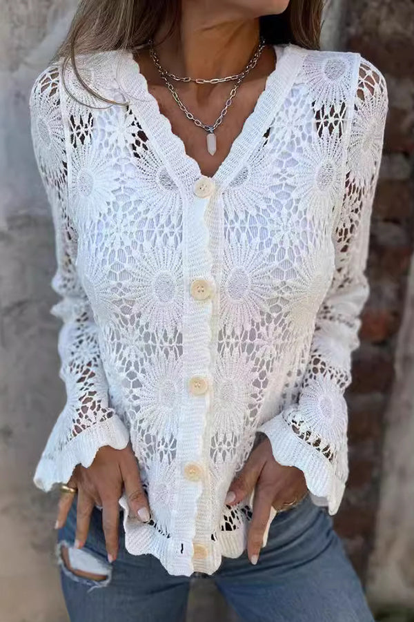 Joyana - Cardigan elegante in pizzo traforato con bottoni