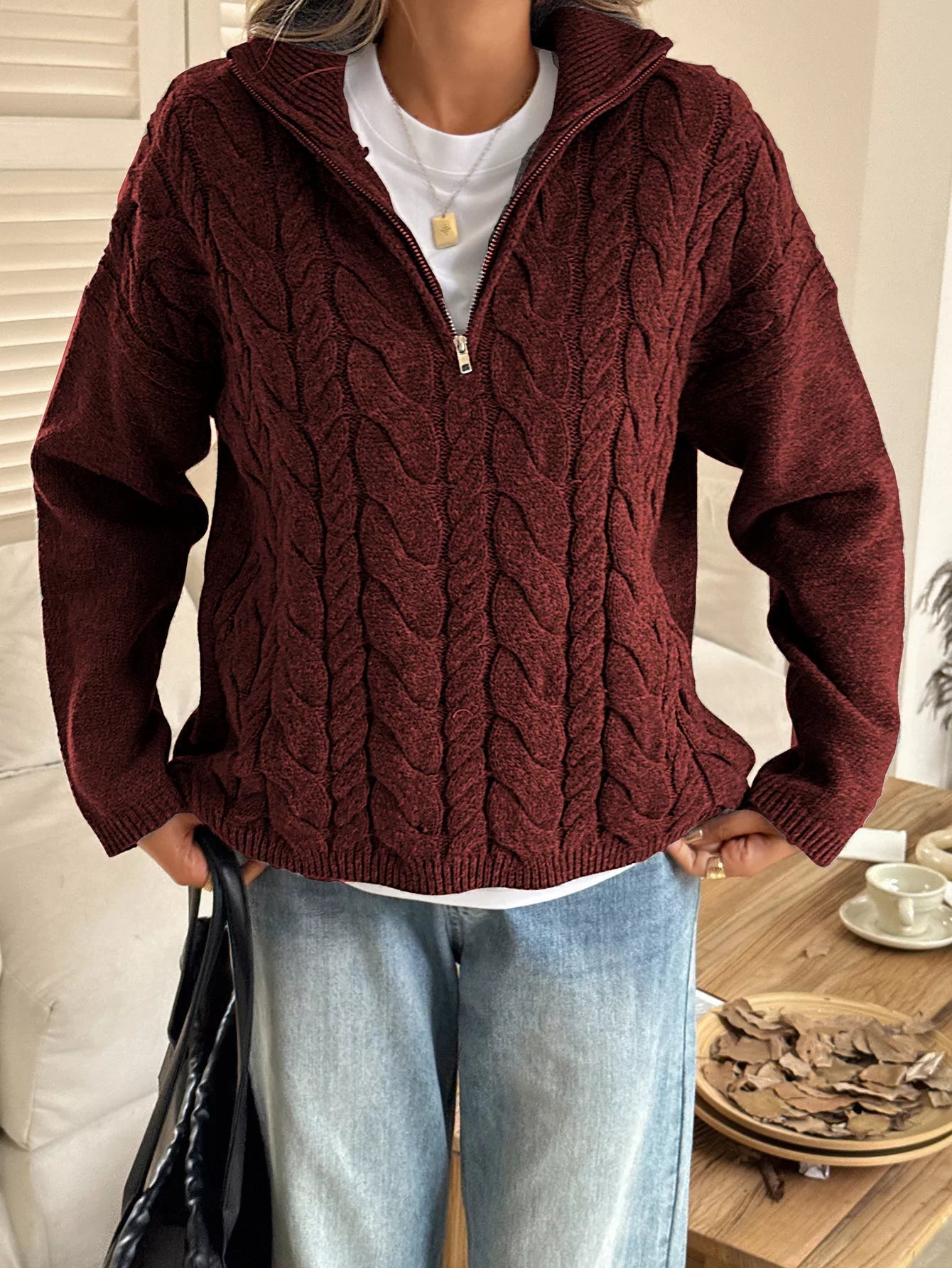 Faith - Elegante maglione caldo intrecciato con mezza zip
