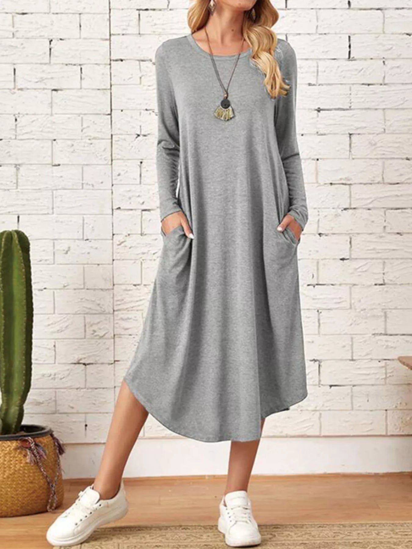 Livie - Abito midi casual a maniche lunghe con tasche
