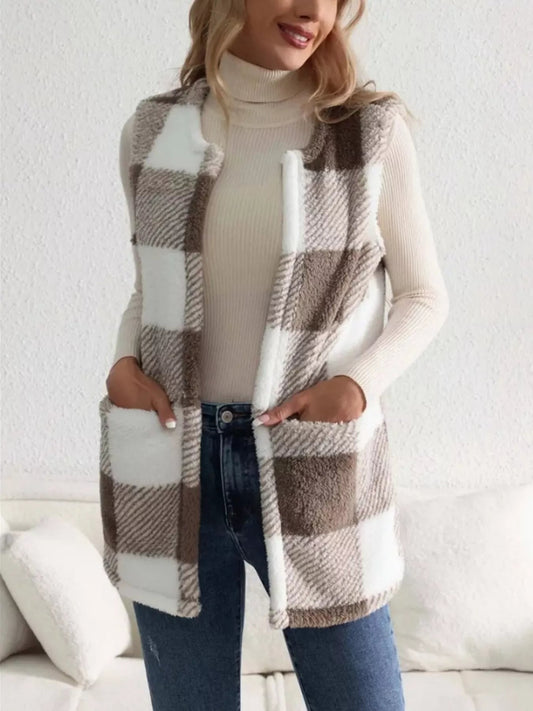 Tinsley - Gilet cappotto in pile scozzese, caldo e accogliente