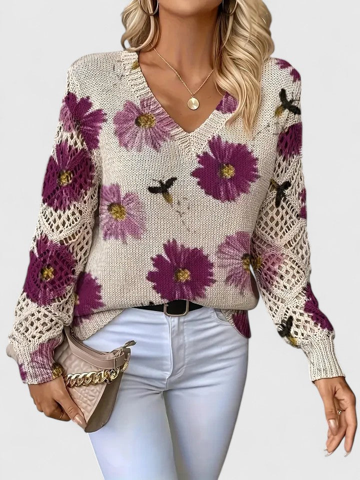 Laryssa - Elegante maglione con motivo floreale ampio e scollo a V