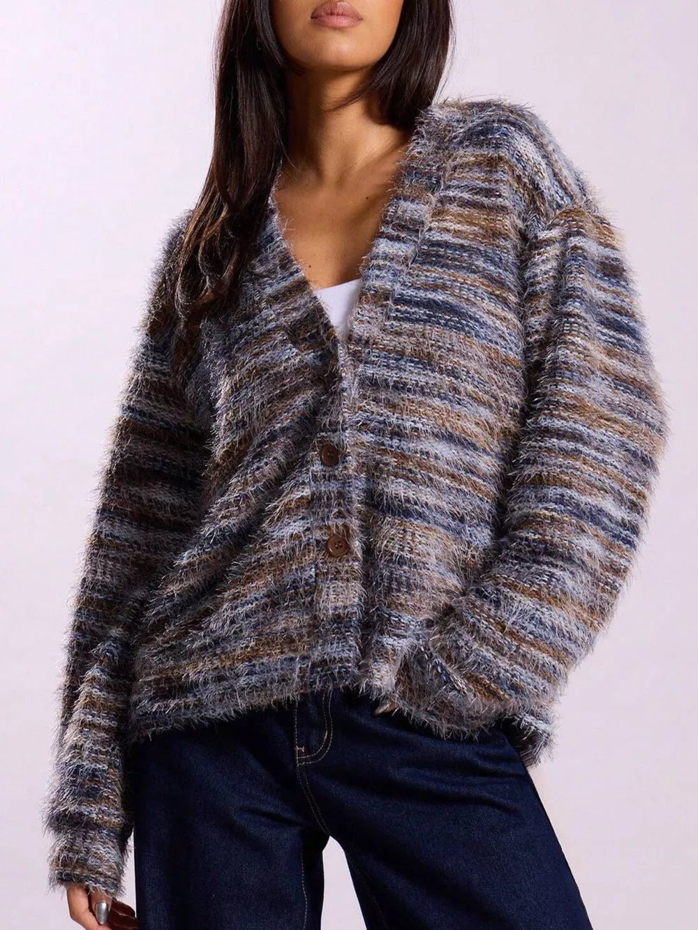 Tifanie - Cardigan in maglia testurizzata con scollo a V e bottoni