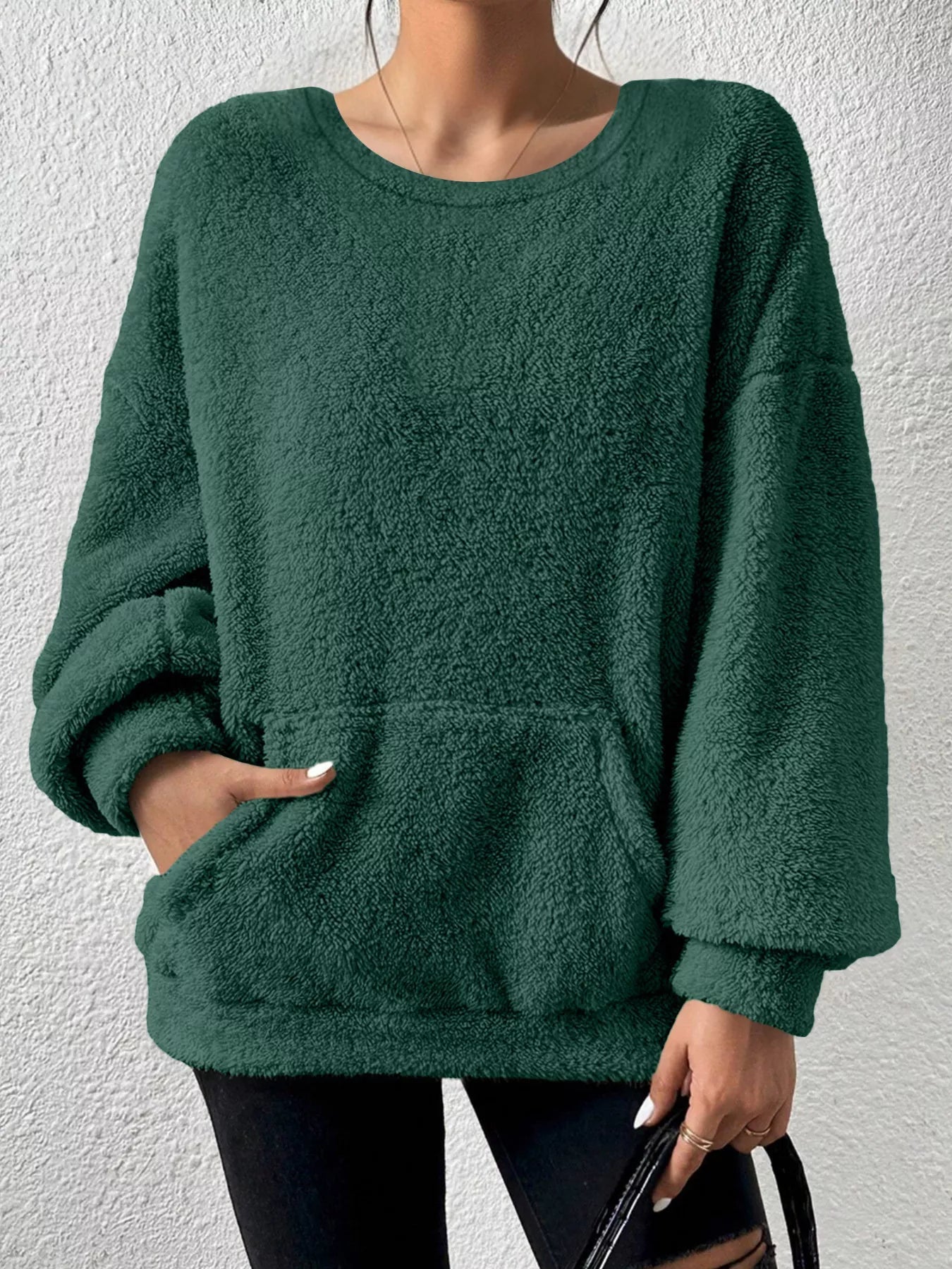 Jiana - Maglione caldo in pile con scollo rotondo e spalle scese