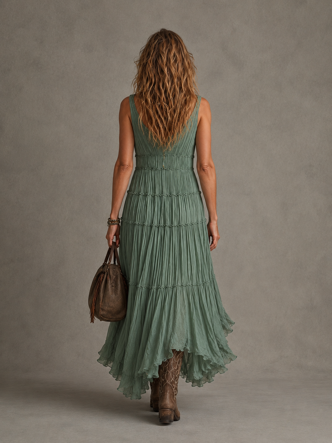Elegante abito lungo e fluido senza maniche da donna