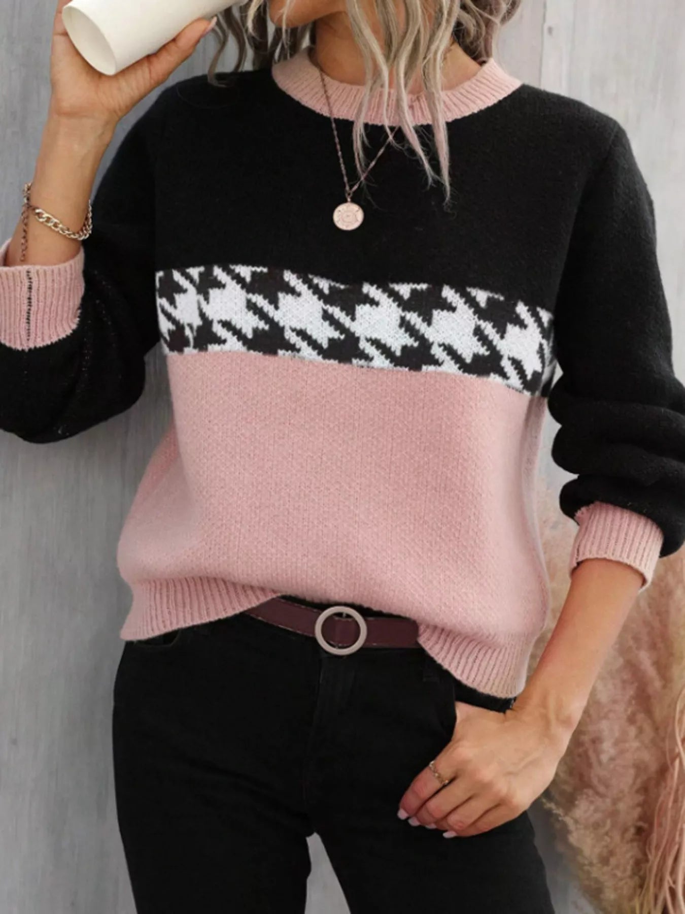 Lucie - Maglione casual a blocchi di colore con motivo pied-de-poule